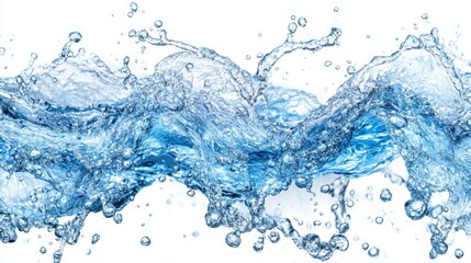 A large wave of water with many small droplets of water. The water is blue and the droplets are clear