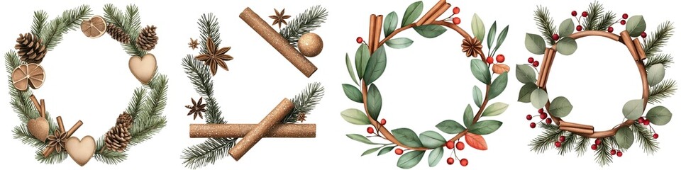 Fototapeta premium Four rustic wreaths adorned with natural elements on a white isolated background.