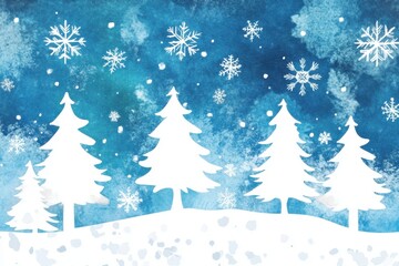 Obraz premium a beautiful background of snowflakes and Christmas trees, a blue watercolor background, hand-drawn texture, minimalistic design, white on the edges, blank space for text Generative AI