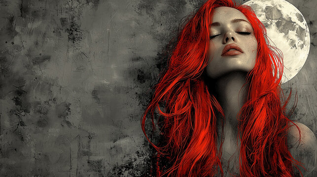 Beautiful woman with long hair and a full white moon on her head, gray background, dark fantasy style, vintage poster.