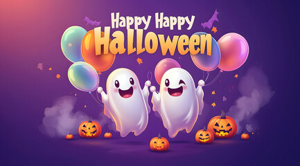 Naklejka premium Cute cartoon ghosts holding colorful balloons against a purple and pink gradient background. “Happy Halloween” is displayed in white calligraphic font, with a spooky spider web.