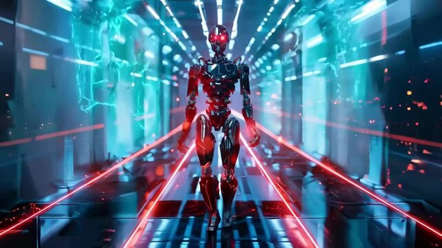 A robot is walking down a red and blue hallway