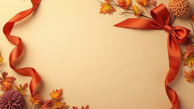 Elegant burnt orange ribbon on beige background autumn vibes