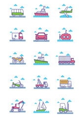 Set of vector icons of vehicles with white background and blue clouds