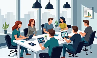 Tech-Driven Collaboration: Diverse Team Innovating in Flat Design, Ai generated Images