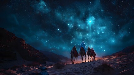 Fototapeta premium A majestic scene of astrologers in silhouette, riding camels through the desert under a glowing star, the night sky filled with stars,