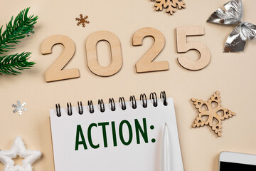 New Year Aims 2024. To Do List. Empty Notebook at the Desk with Holiday Decoration. Top view....