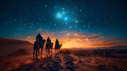 Obraz premium A majestic scene of astrologers leading a camel caravan toward the eastern horizon, the night sky filled with stars, the desert dunes glowing softly under the moonlight,