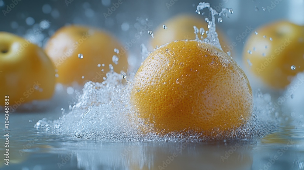 Poster a close up of a yellow orange with water splashing around it. the orange is surrounded by other oran