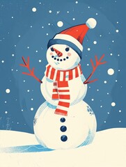 Christmas postcard. A snowman with a red hat and a blue scarf is smiling on blue background. Winter scene with a snowman wearing a hat and scarf