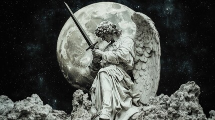 Obraz premium A white marble angel with wings kneels on a rocky surface, holding a sword in front of a large, full moon with a starry sky behind.