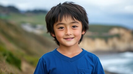 A young boy with short hair is smiling at the camera. He is wearing a blue shirt with a pocket. The scene takes place near the ocean, with a hill in the background