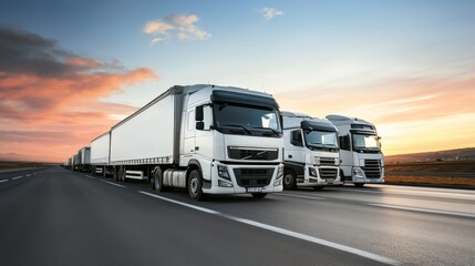A fleet of white trucks on a highway during sunset, symbolizing transportation and logistics efficiency.