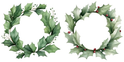 Fototapeta premium Two decorative holly wreaths on a white isolate background.