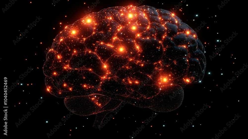 Poster a brain with many glowing lights on it. the brain is surrounded by a dark background. the brain is g