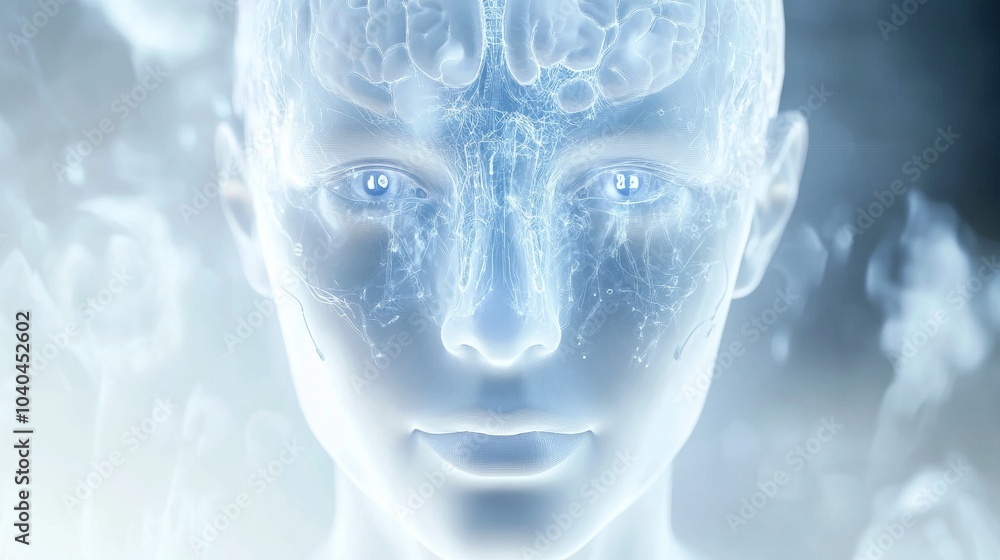 Poster a futuristic and ethereal representation of a humanoid face, illuminated by soft light, evoking a se