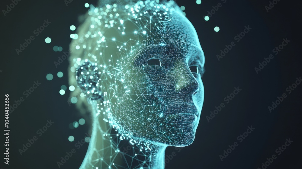 Poster a futuristic digital face with glowing particles, representing advanced technology and artificial in