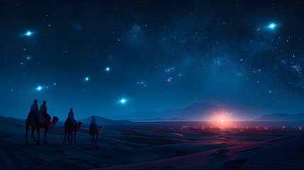 Fototapeta premium A peaceful desert scene with astrologers riding camels toward a glowing star, their faces deep in contemplation, the night sky filled with stars,