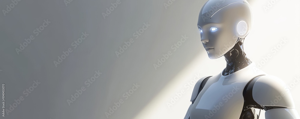 Poster a futuristic humanoid robot standing in a bright environment, showcasing advanced technology and art
