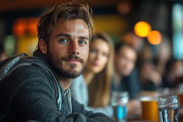 Young Man in Cozy Cafe with Friends and Warm Lighting Ambiance