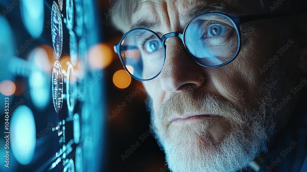 Poster a man with glasses is looking at a computer screen with a blue background. concept of focus and conc
