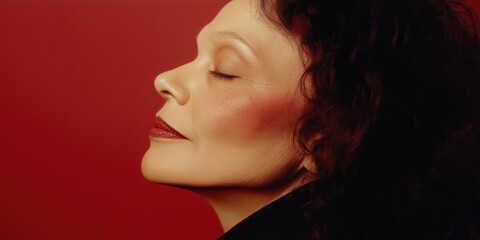 Fototapeta premium A woman with red lips and a red background. The woman is wearing a black jacket and has her head tilted