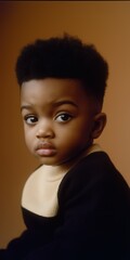 Obraz premium A young black boy with a shaved head and a black shirt. He is looking at the camera