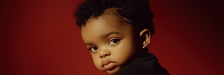 Obraz premium A baby with a black shirt and a red background. The baby is looking at the camera. The baby is wearing earrings