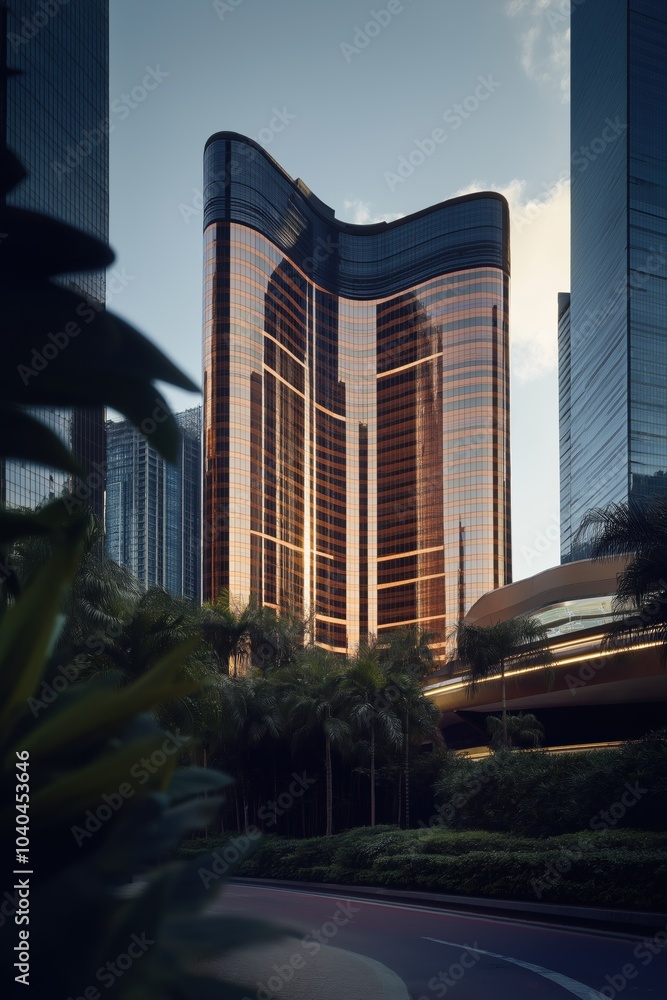 Poster a tall building with a curved roof is seen in front of a green tree. the building is surrounded by t