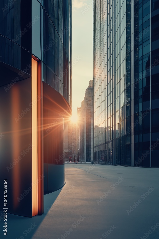 Aufkleber a city street with a building that has a window that is open. the sun is shining through the window,