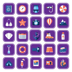 Set of purple summer vacation vector icons with white background