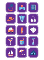 Set of purple summer vacation vector icons with white background