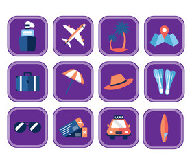 Set of purple summer vacation vector icons with white background