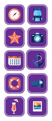 Set of purple summer vacation vector icons with white background