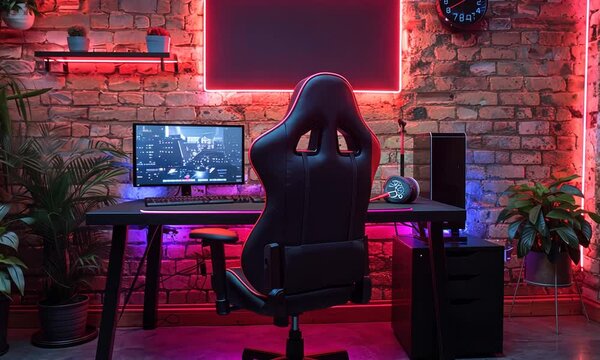 A gamer's dream setup with a black leather gaming chair, computer monitor, desk and neon lighting.