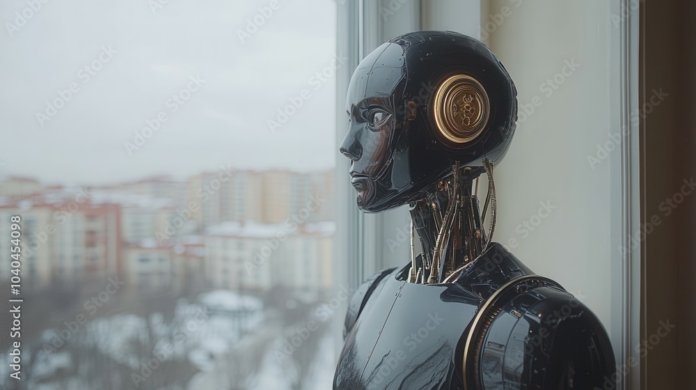 Poster a robot with gold earrings stands in front of a window. the robot is black and has a gold headpiece.