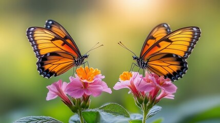Two orange butterflies are sitting on a pink flower. The butterflies are facing each other, and the flower is surrounded by green leaves. Concept of harmony and beauty, as the butterflies