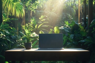 A serene workspace features a laptop on a table, bathed in sunlight, within a vibrant indoor garden filled with foliage. Generative AI