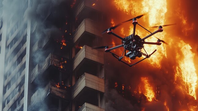 Robotic firefighting drones battling flames in a burning skyscraper, urban firefighting scene with autonomous aerial drones, Emergency Response style