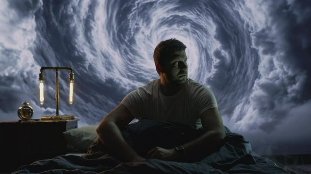 Man Sitting On Bed In Foggy Room Clock Theme Surreal Time Concept