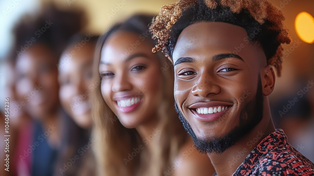 Poster a group of people are smiling and posing for a picture. the man in the middle has a beard and is smi