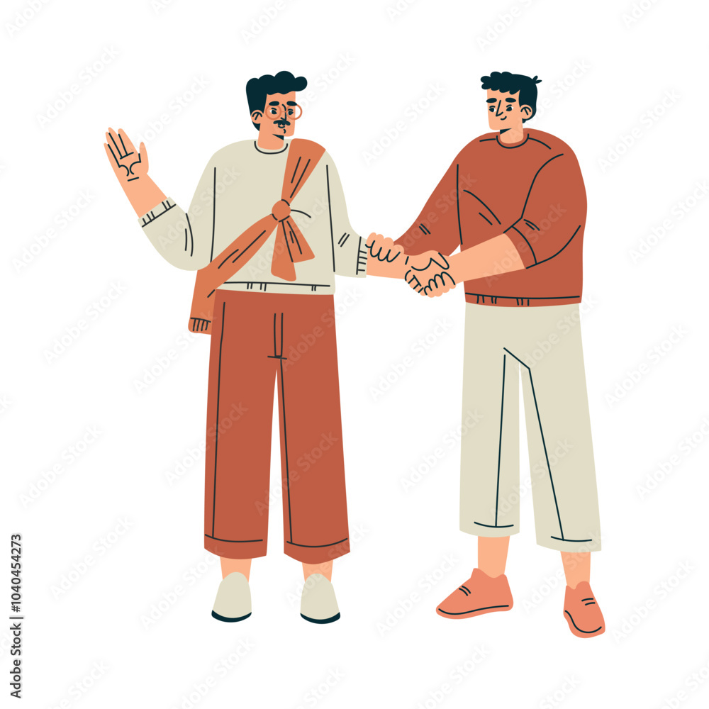 Poster young smiling man character in standing pose greeting with handshake gesture vector illustration