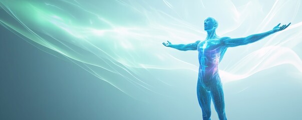 Obraz premium A glowing figure embodies the essence of vitality and energy, surrounded by ethereal light waves, symbolizing life and connection.