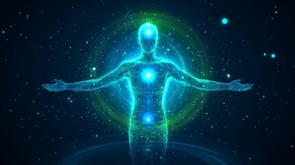 Fototapeta premium A glowing figure surrounded by cosmic energy, embodying harmony and balance in the universe.