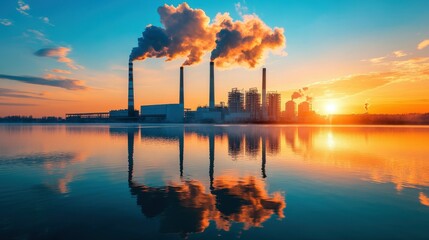 Fototapeta premium A sunset over a body of water with a large industrial plant in the background. The smoke from the plant is visible in the sky