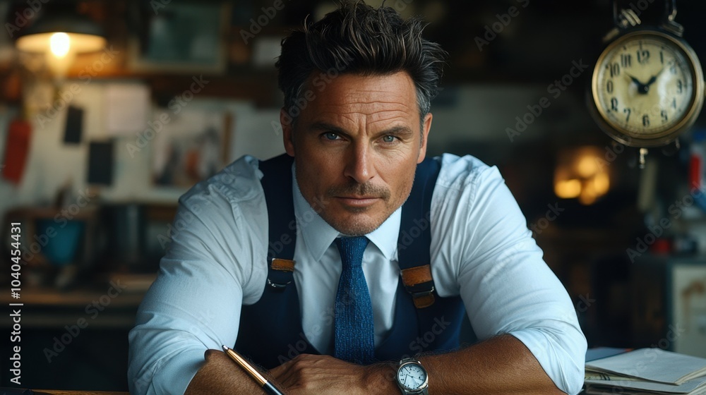 Aufkleber a man in a suit and tie sits at a desk with a clock in the background. he is writing with a pen and 