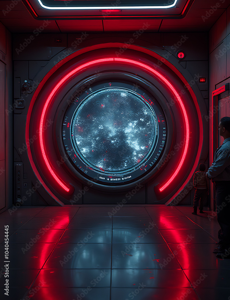 Poster A futuristic digital display with cyberpunk elements and red light is rendered in 3D for a space station visualization.