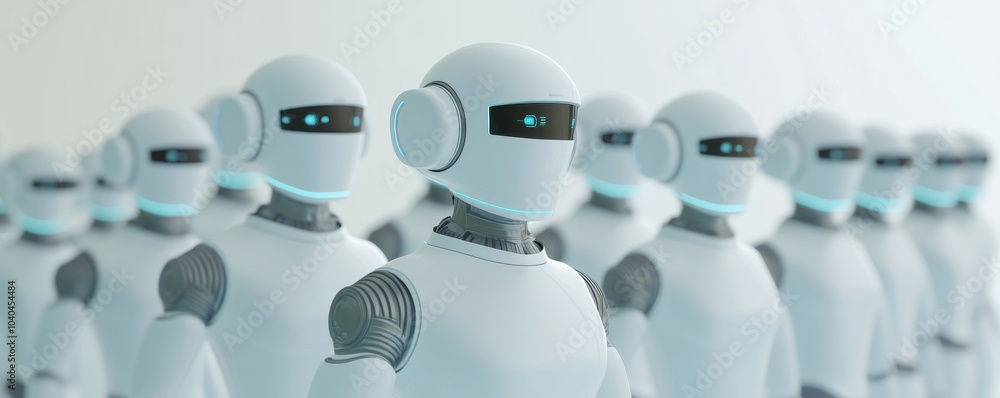 Poster a group of futuristic robots with sleek designs, showcasing advanced technology and artificial intel