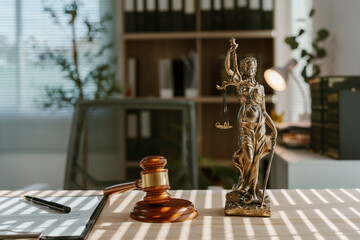 Sunlight casting shadows on a desk with a statue of lady justice, a gavel, and legal documents in a...