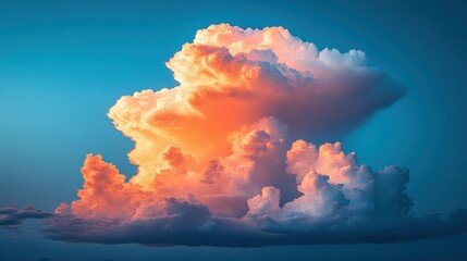 A large cloud with a pinkish hue is floating in the sky. The sky is blue and the sun is setting